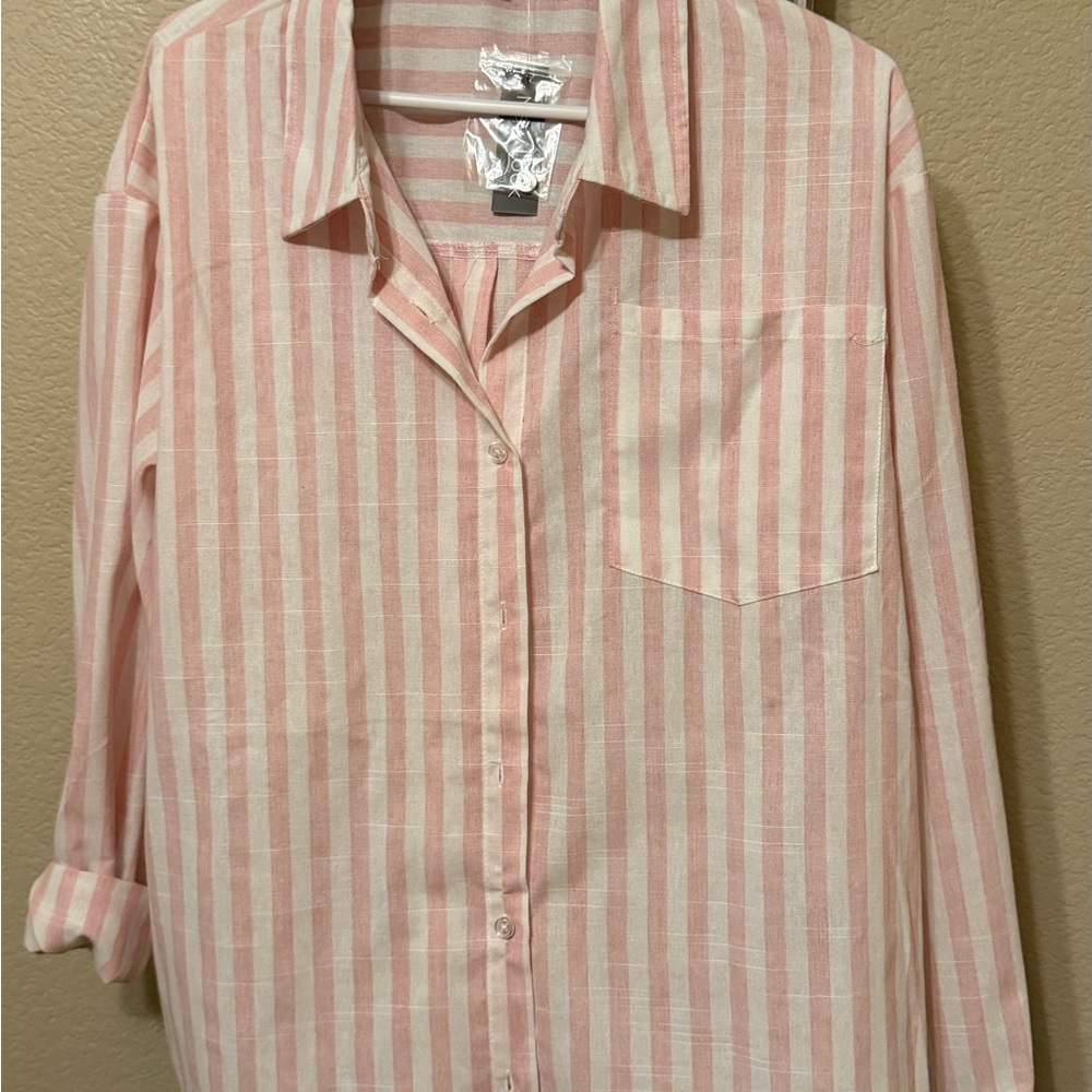 Pink and White Striped Button-Up Shirt SET